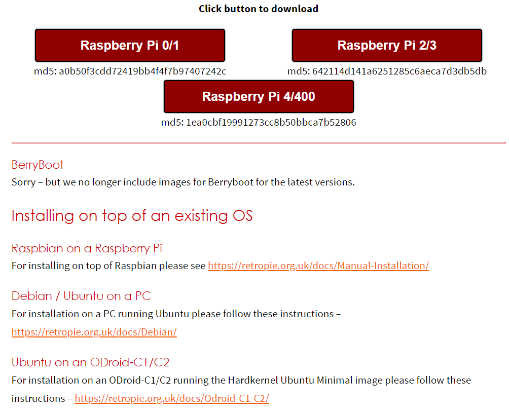 공식 웹 사이트에서 Retropie 다운로드