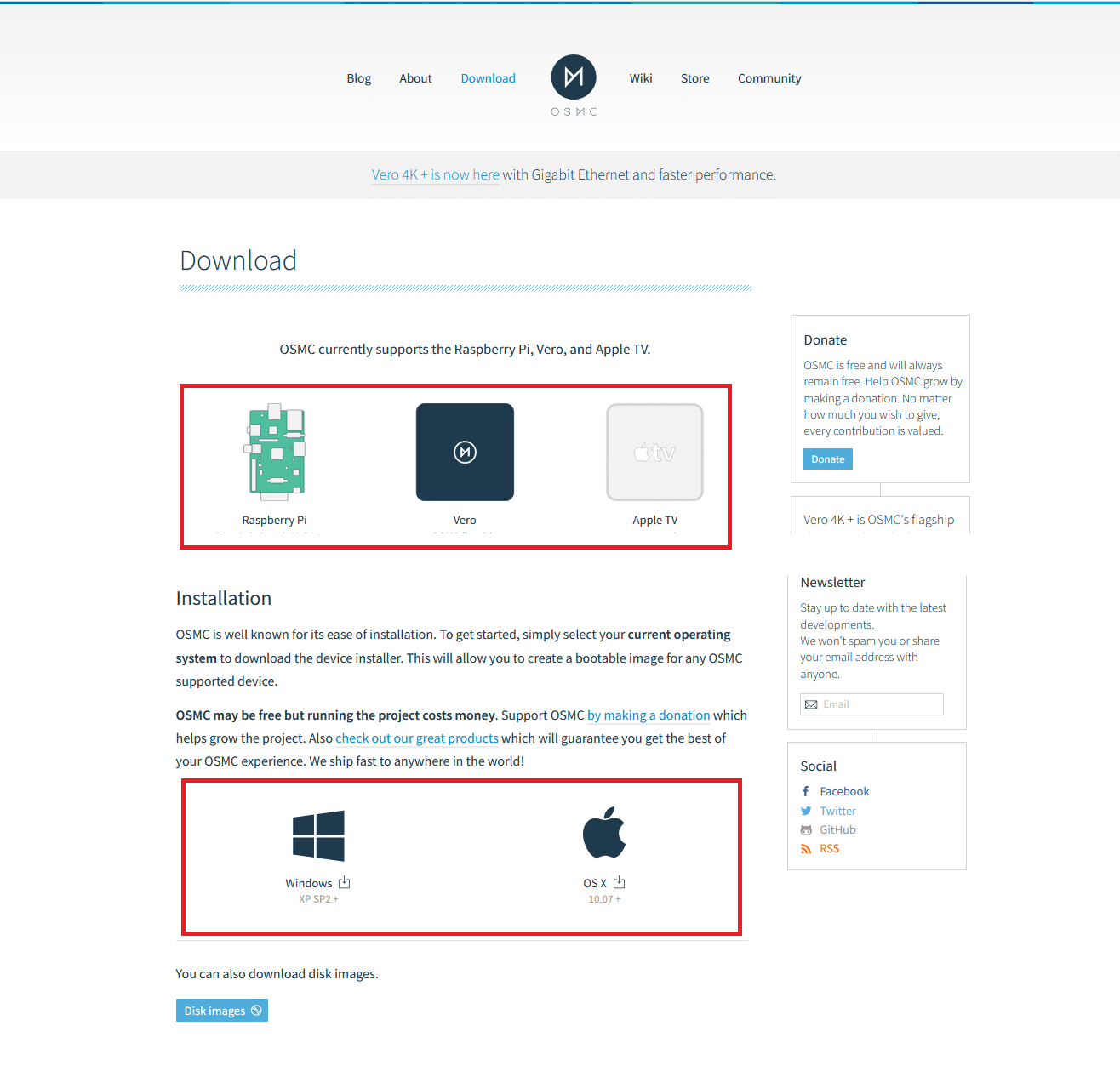 OSMC 현재 장치 Raspberry Pi, Vero 및 Apple TV 지원