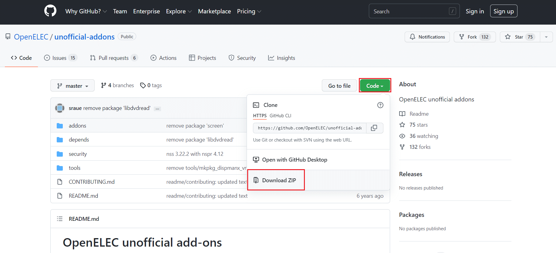 github 페이지에서 OpenElec Kodi 애드온 zip 파일 다운로드