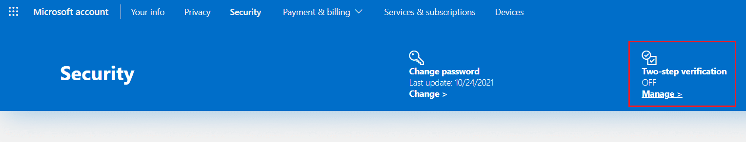 Microsoft 계정 설정 페이지에서 2단계 인증 관리를 클릭합니다.