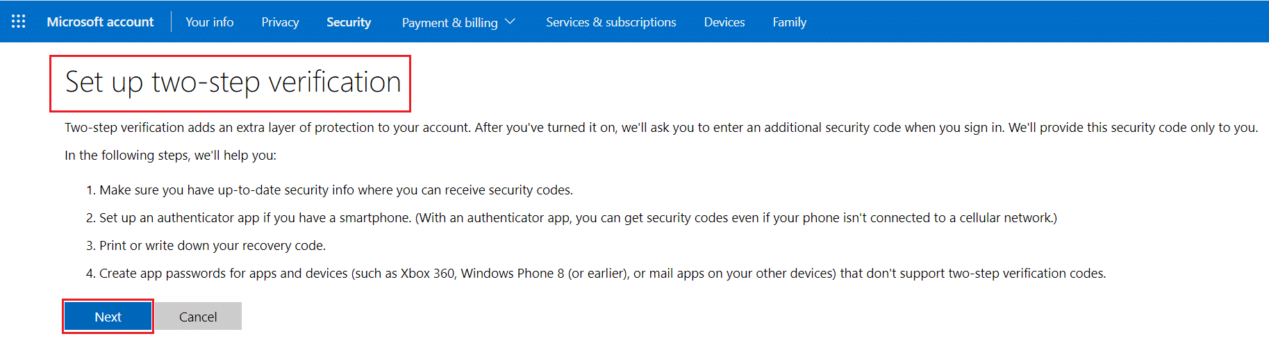 다음 버튼을 클릭하여 2단계 인증을 설정합니다.