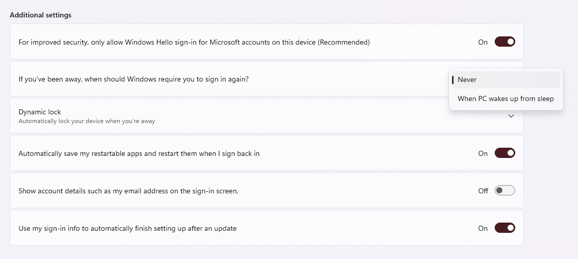 Dalle due opzioni, scegli Mai. Come abilitare o disabilitare la password di riattivazione in Windows 11