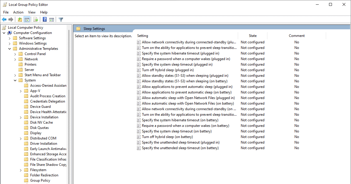 vai a Configurazione computer, quindi Modelli amministrativi, quindi Sistema, quindi Risparmio energia, quindi Impostazioni sospensione.