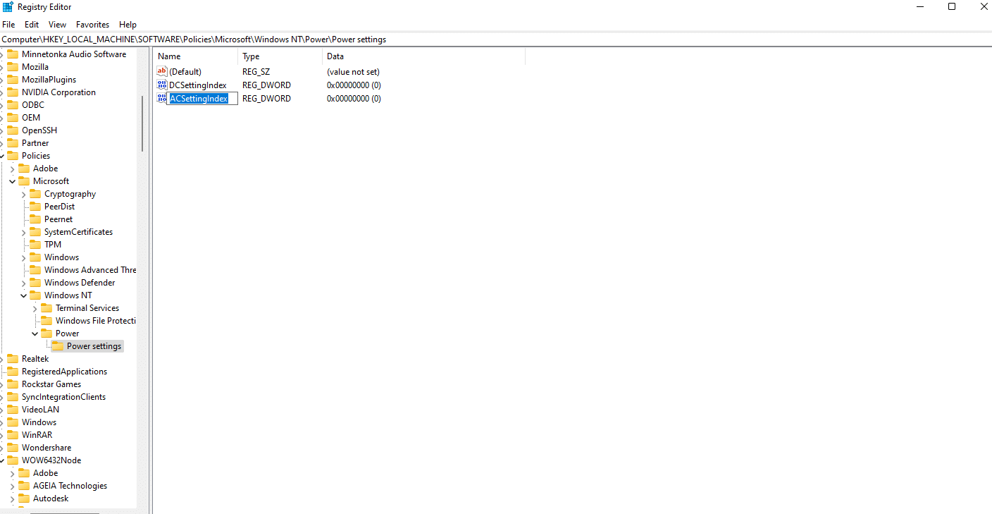 Rinominare il file REG_DWORD formato come ACSettingIndex. Come abilitare o disabilitare la password di riattivazione in Windows 11
