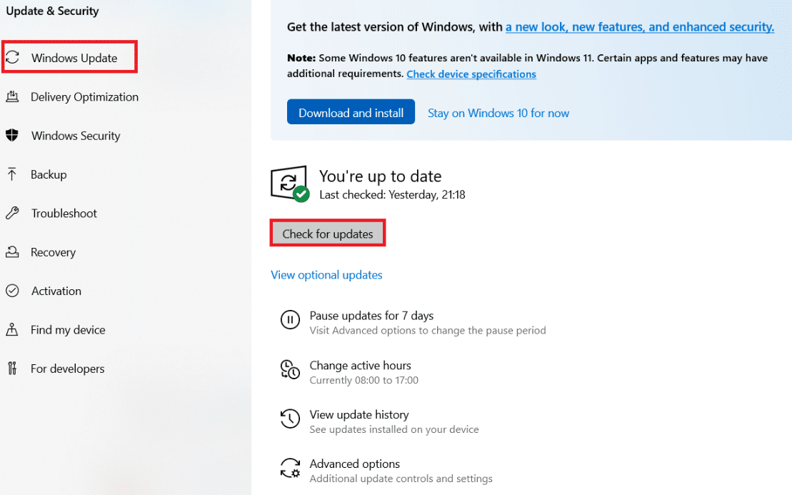 Güncellemeleri kontrol et düğmesine tıklayın. Windows 10'da Dosya Gezgini Yanıt Vermiyor Nasıl Onarılır