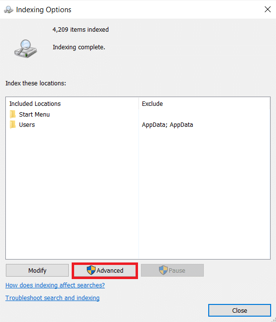 Gelişmiş düğmesine tıklayın.