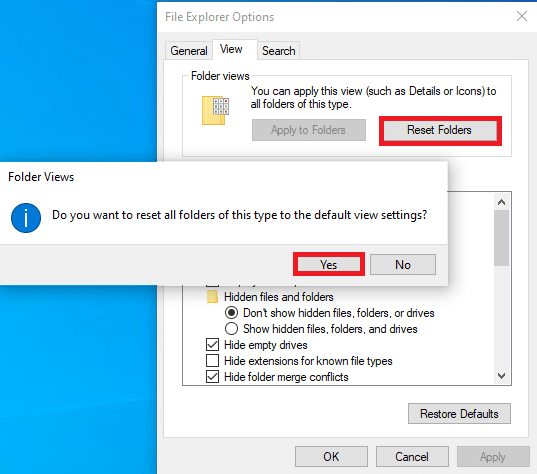 Klasörleri Sıfırla'ya tıklayın ve Evet'e tıklayın.