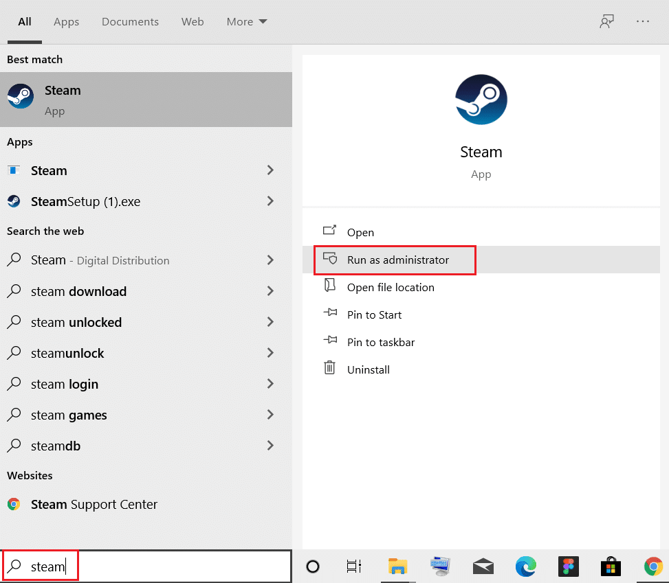 Steam'de arama yapın ve yönetici olarak çalıştır'ı seçin