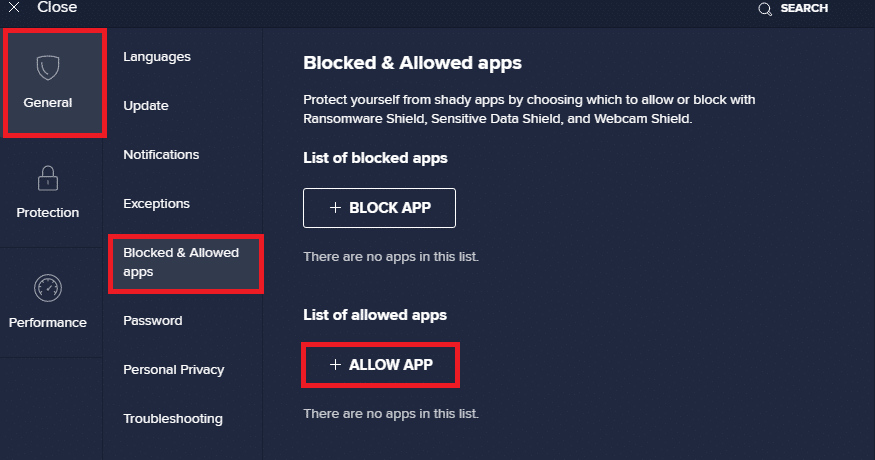 Wählen Sie dann Allgemein, blockierte und zugelassene Apps und klicken Sie in den Avast Free Antivirus-Einstellungen auf die Schaltfläche App zulassen