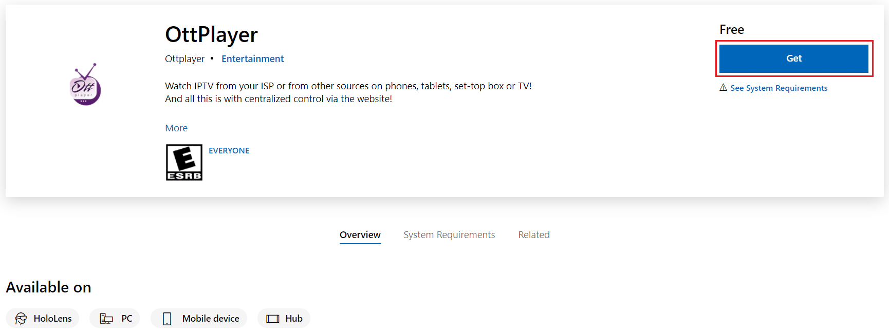 ดาวน์โหลด OttPlayer จาก microsoft store