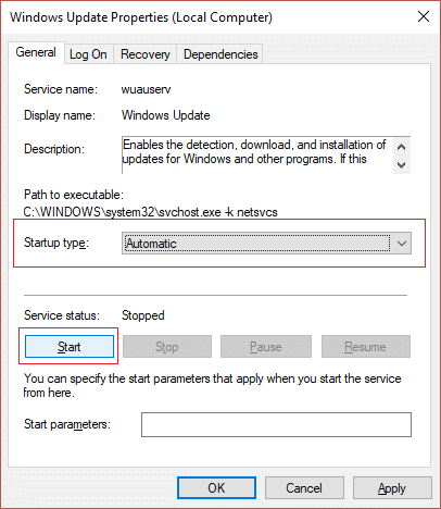 تأكد من تعيين خدمة Windows Update على تلقائي وانقر فوق ابدأ