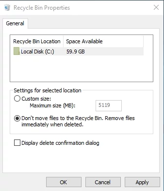 Geri dönüşüm kutusu özelliklerine gidin.