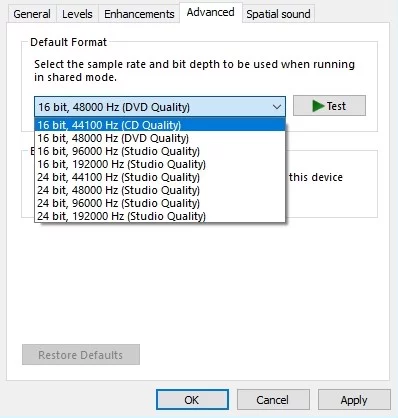Varsayılan Biçim menüsünden herhangi bir 16-bit seçeneği seçin.