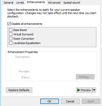 Tüm ses geliştirmelerini devre dışı bırakın.