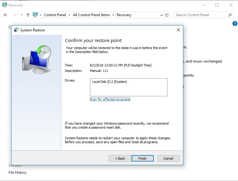 Подтвердите точку восстановления
