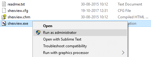 kliknij prawym przyciskiem myszy Shexview.exe i wybierz Uruchom jako administrator