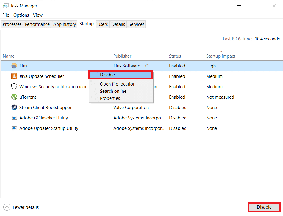 Kliknij aplikację prawym przyciskiem myszy i wybierz Wyłącz | Napraw menu kontekstowe powolnego kliknięcia prawym przyciskiem myszy w systemie Windows 10