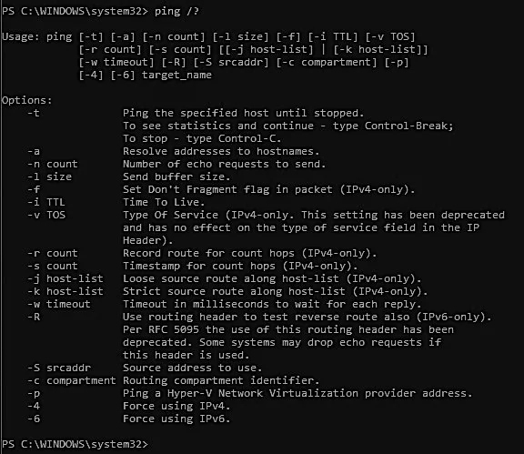 Tastați ping /? în fereastra promptului de comandă.