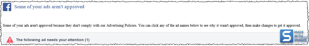 Screenshot, der eine E-Mail von Facebook zeigt, in der steht, dass Anzeigen abgelehnt wurden