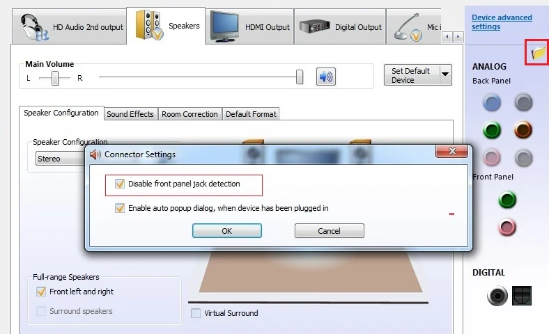 Dezactivați detectarea mufelor pe panoul frontal | Remediați niciun sunet pe Windows 10