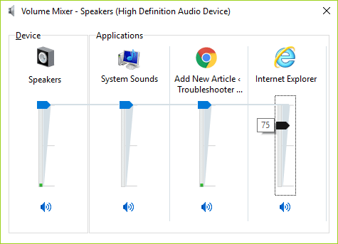 În panoul Volume Mixer, asigurați-vă că nivelul volumului aparținând Internet Explorer nu este setat la sunet