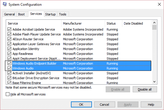 Windows audio și Windows audio endpoint msconfig rulează