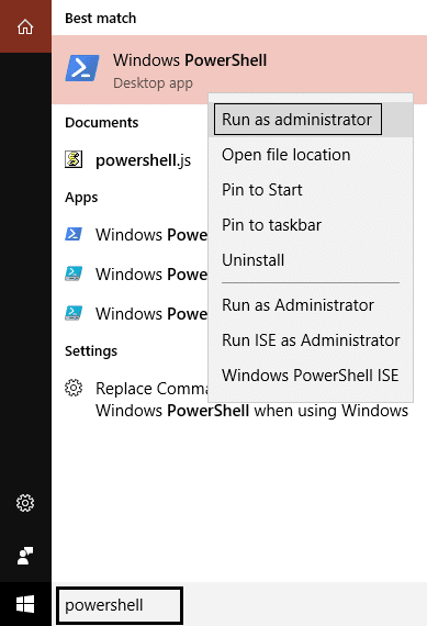 Powershell kliknij prawym przyciskiem myszy uruchom jako administrator