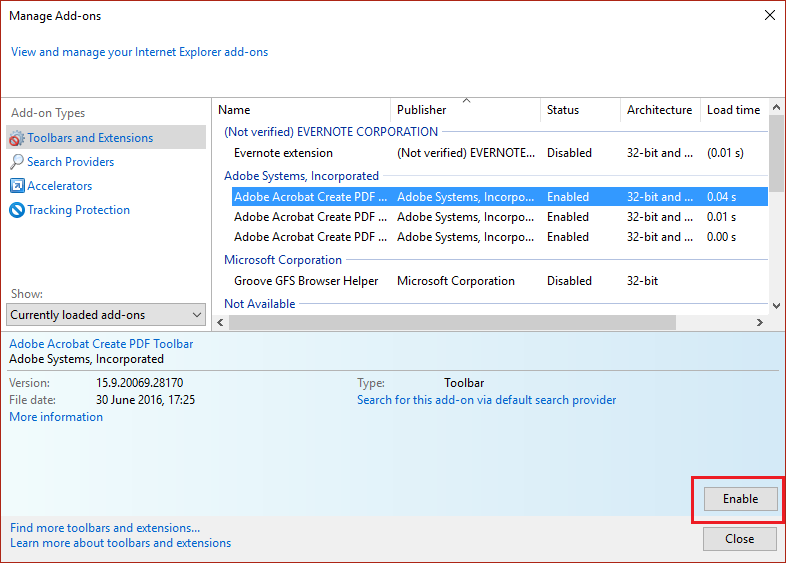 Găsiți Adobe PDF Reader sau Acrobat Reader din lista de Ad-on-uri și faceți clic pe Activare