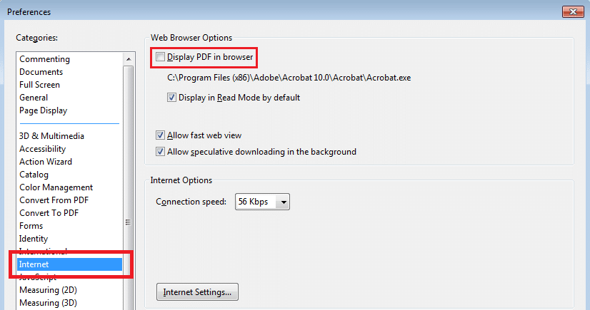Deselectați Afișare PDF în browser, apoi faceți clic pe OK