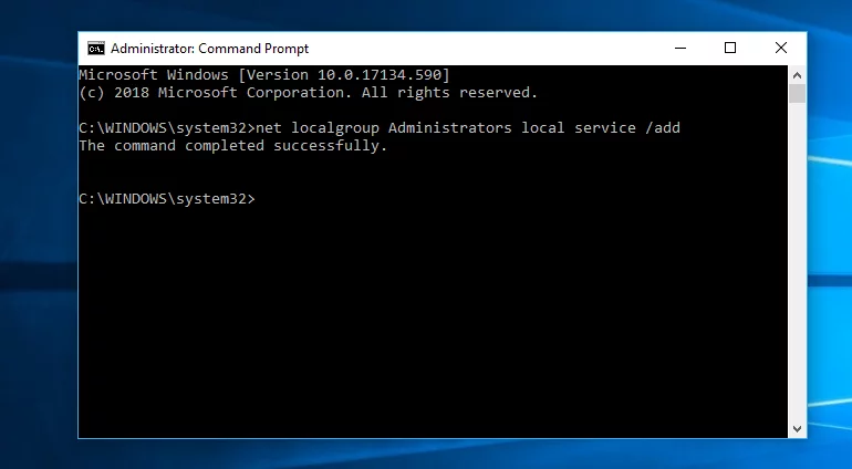 net localgroup Administrators local service / addと入力し、Enterキーを押します。