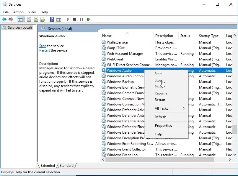 [Windowsオーディオ]を右クリックして、[停止]を選択します。