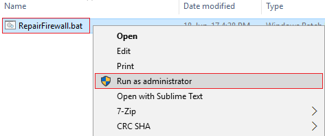RepairFirewallを右クリックし、[管理者として実行]を選択します