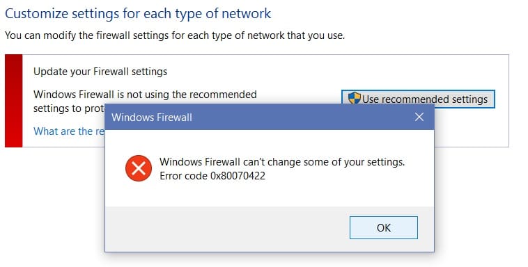 修正Windowsファイアウォールをオンにできないエラーコード0x80070422