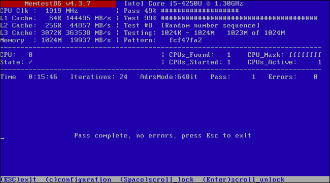MemTest86에서 오류가 발견되지 않고 통과가 완료되었음을 나타냅니다.