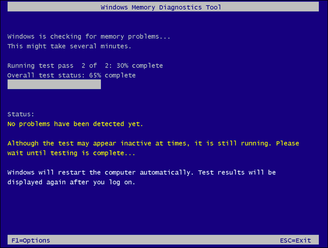 테스트 통과를 실행하는 Windows 메모리 진단 도구.
