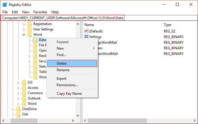 単語またはExcelの下にリストされているデータキーを右クリックして、[削除]を選択します