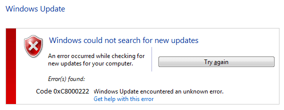 Solucionar el error de actualización de Windows 0xc8000222