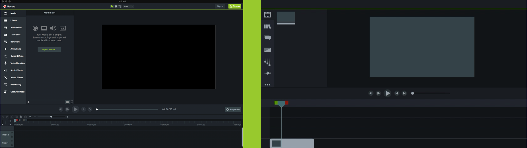 Camtasia 인터페이스 스크린샷과 SUI 이미지가 나란히 있습니다.