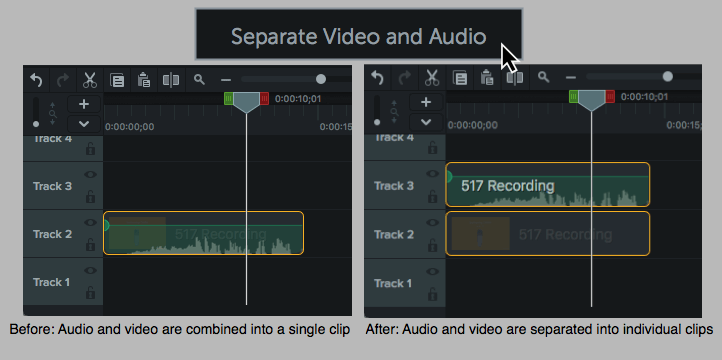 Audio dan video klip dapat dipisahkan menjadi dua klip individual di sebagian besar perangkat lunak pengeditan video