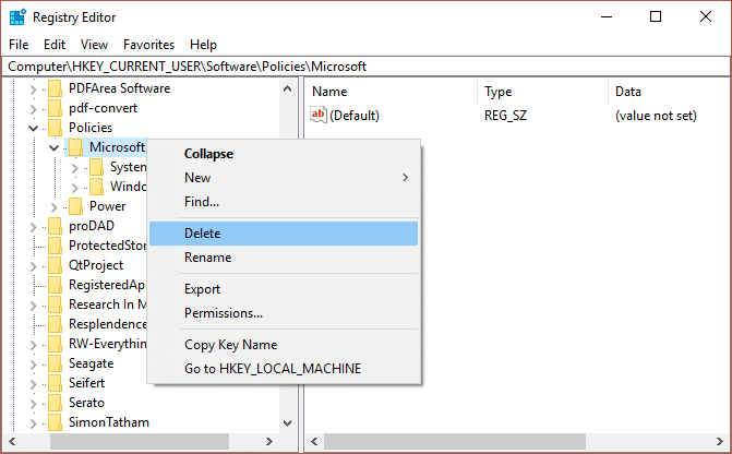 Faceți clic dreapta pe Microsoft și selectați Ștergere pentru a elimina politica de grup de domeniu dintr-o mașină