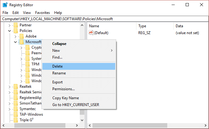 Faceți clic dreapta pe Microsoft și selectați Ștergere