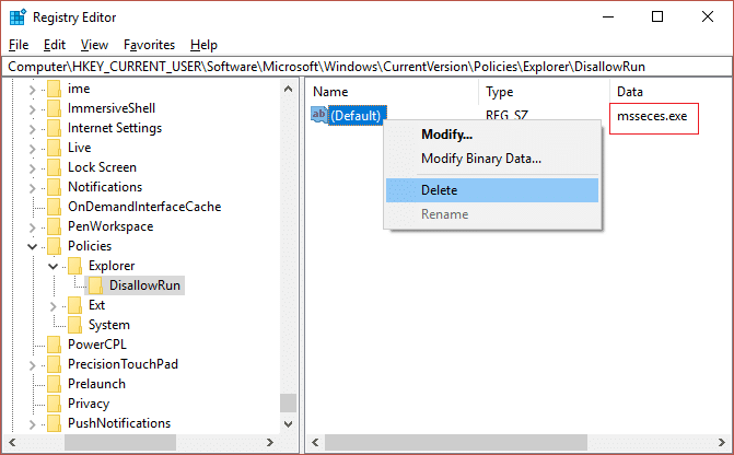 Ștergeți orice cheie sau DWORD care conține vale ca msseces.exe sub DisallowRun