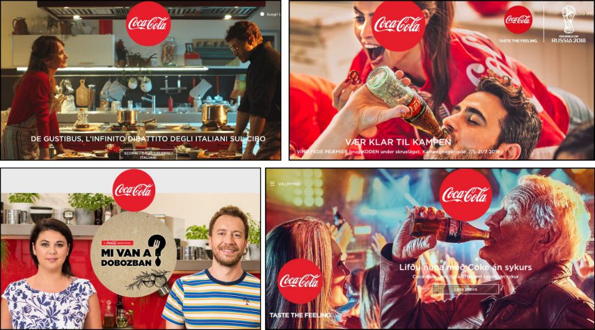 Tangkapan layar dari empat iklan Coca Cola yang berbeda dalam berbagai bahasa