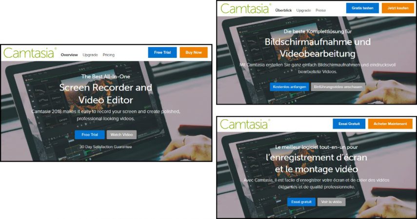 Tangkapan layar halaman web Camtasia dalam tiga bahasa berbeda