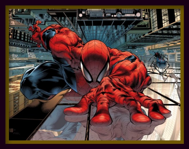 Ilustracja przedstawiająca Spidermana wspinającego się po budynku.