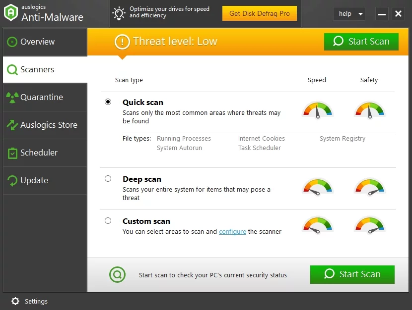 Auslogics Anti-Malware vă menține sistemul în siguranță.