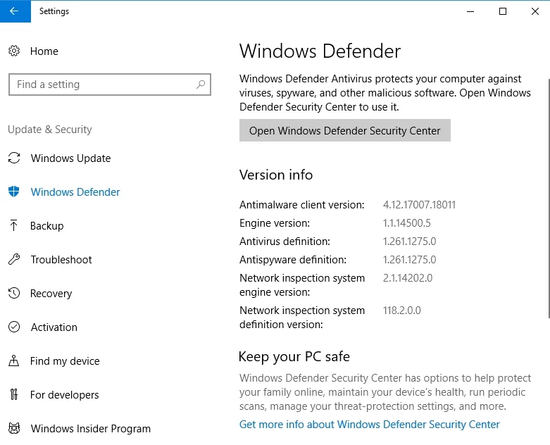 Windows Defender protege su PC contra malware.
