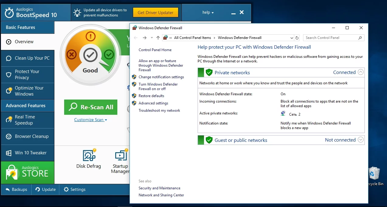 Windows Defender y Auslogics BoostSpeed mantienen su PC segura.