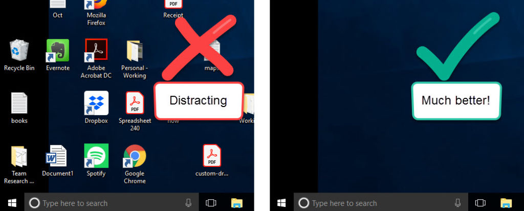 Esempio di un desktop disordinato con icone disordinate, accanto a un desktop pulito senza icone