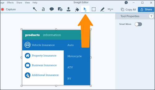Screenshot, der das Verschieben-Tool in Snagit zeigt.